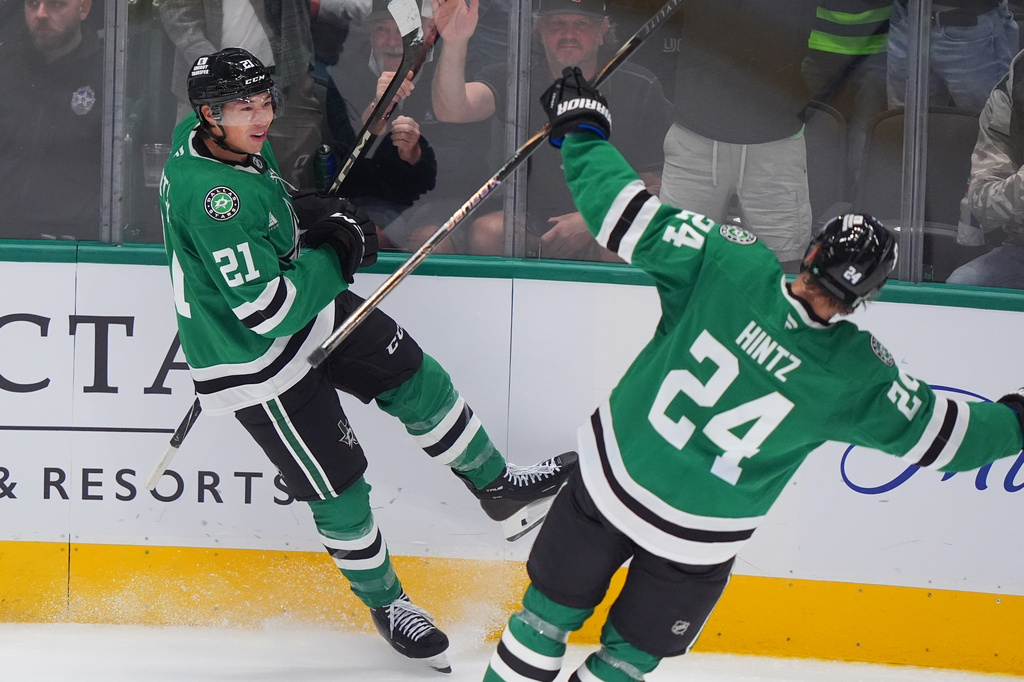 Dallas Stars left wing Jason Robertson (21) celebrates his goal with teammate Roope Hintz (24) during the third period of an NHL hockey game against the New York Islanders Sunday, Oct. 25, 2026, in Dallas. (AP Photo/LM Otero)