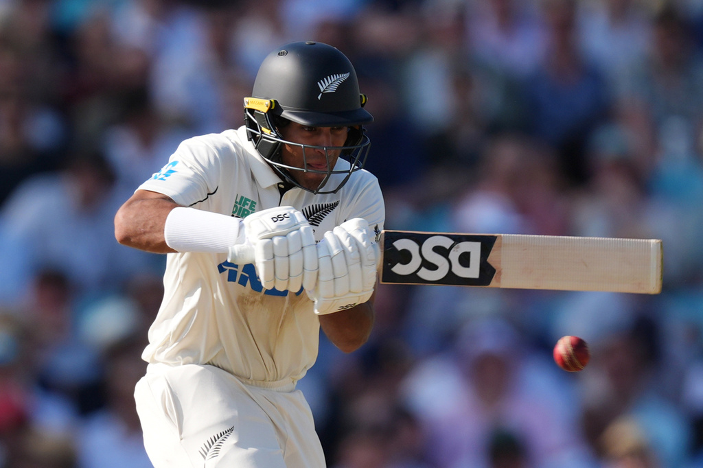 New Zealand's Rachin Ravindra bats on day three of the second cricket test between England and New Zealand, in London, Friday June 19, 2026. (Ben Whitley/PA via AP)