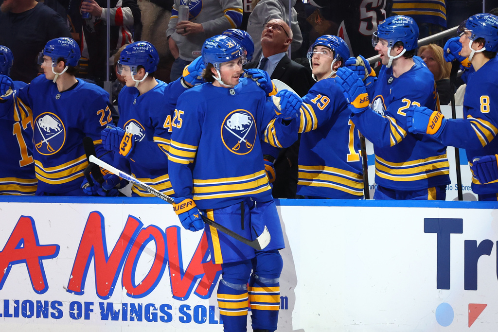 Buffalo Sabres defenseman Owen Power (25) celebrates his goal during the second period of an NHL hockey game against the Montreal Canadiens Saturday, Jan. 31, 2026, in Buffalo, N.Y. (AP Photo/Jeffrey T. Barnes)