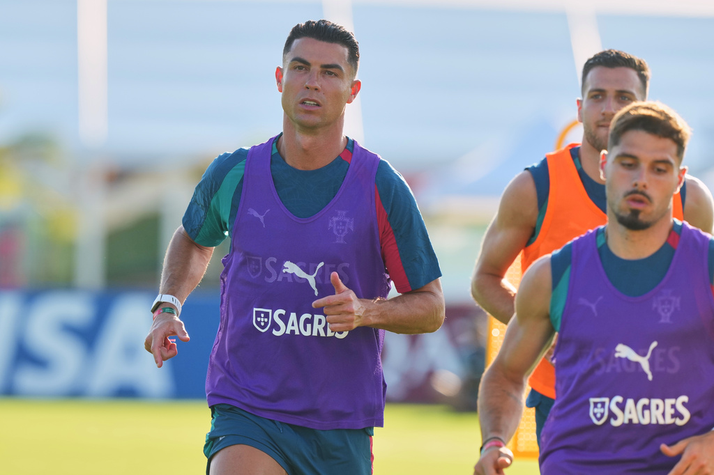 Portugal's Cristiano Ronaldo warms up during the men's national soccer team training session ahead of their FIFA World Cup soccer tournament Saturday, June 13, 2026, in Palm Beach Gardens, Fla. (AP Photo/Marta Lavandier)
