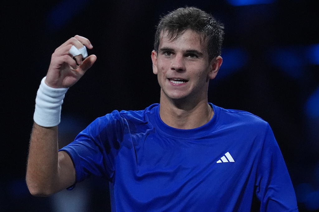 Team Europe's Rafael Jodar celebrates after defeating Team World's Alexander Bublik during a Laver Cup tennis tournament match in London, Friday, Sept. 25, 2026. (AP Photo/Maja Smiejkowska)