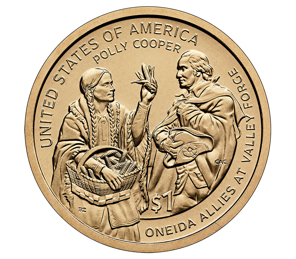 This image provided by the U.S. Mint shows a new $1 coin that depicts Oneida war heroine Polly Cooper giving corn to George Washington. (U.S. Mint via AP)