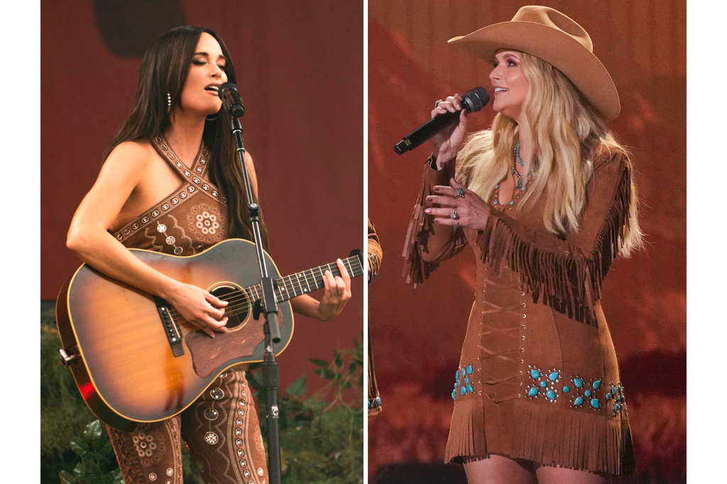 Kacey Musgraves performs at the New Orleans Jazz & Heritage Festival in New Orleans on April 25, 2025, left, and Miranda Lambert performs at the 60th annual Academy of Country Music Awards in Frisco, Texas on May 8, 2025. (AP Photo)