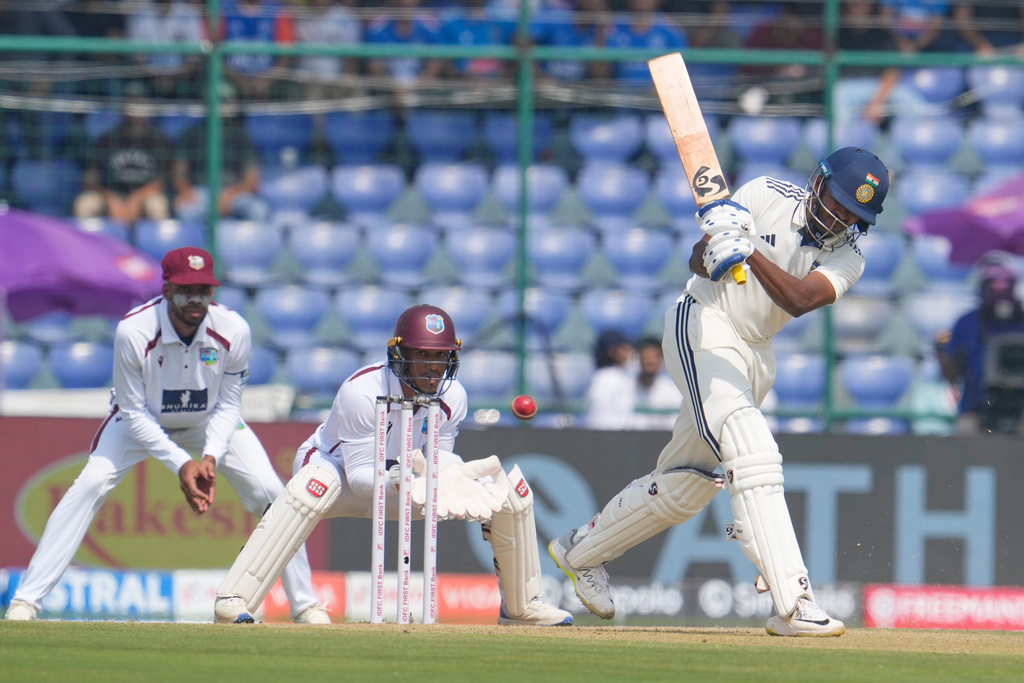 India's Sai Sudharsan plays a shot on the first day of the second cricket test match between India and West Indies at the Arun Jaitley Stadium in New Delhi, India, Friday, Oct.10, 2025. (AP Photo/Manish Swarup)