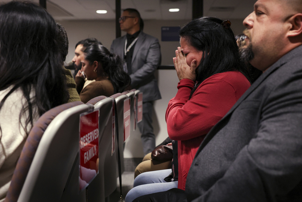 Gloria Cazares, mother of Robb Elementary school shooting victim Jackie Cazaeres, reacts after the jury found former Uvalde school district police officer Adrian Gonzales not guilty at the Nueces County Courthouse on Wednesday, Jan. 21, 2026, in Corpus Christi, Texas (Sam Owens/The San Antonio Express-News via AP, Pool)