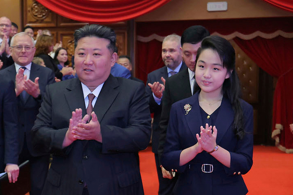 FILE - In this photo provided by the North Korean government, North Korean leader Kim Jong Un, center left, and his daughter, center right, arrive at the East Pyongyang Grand Theatre in Pyongyang, North Korea, June 29, 2025. Independent journalists were not given access to cover the event depicted in this image distributed by the North Korean government. The content of this image is as provided and cannot be independently verified. (Korean Central News Agency/Korea News Service via AP, File)
