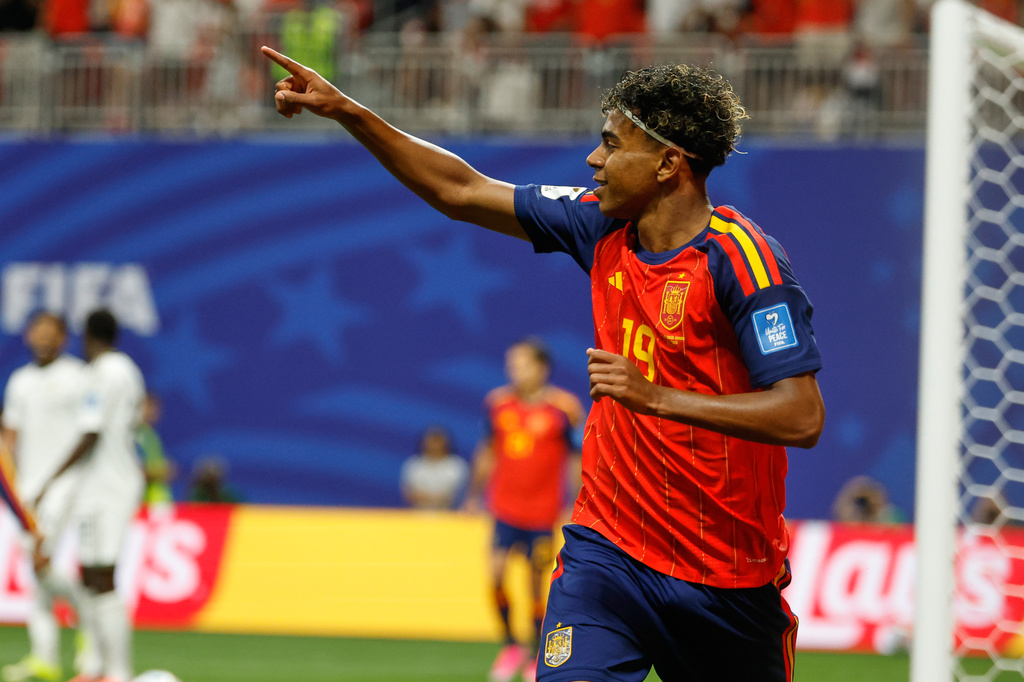 Spain's Lamine Yamal celebrates after scoring his side's opening goal during the World Cup Group H soccer match between Spain and Saudi Arabia in Atlanta, Sunday, June 21, 2026. (AP Photo/Erik S.Lesser)