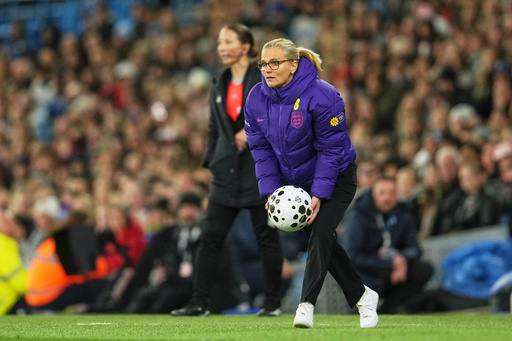 England's head coach Sarina Wiegman during an international women's friendly soccer match between England and Brazil in Manchester, England, Saturday, Oct. 25, 2025. (AP Photo/Jon Super) England's head coach Sarina Wiegman during an international women's friendly soccer match between England and Brazil in Manchester, England, Saturday, Oct. 25, 2025. (AP Photo/Jon Super)