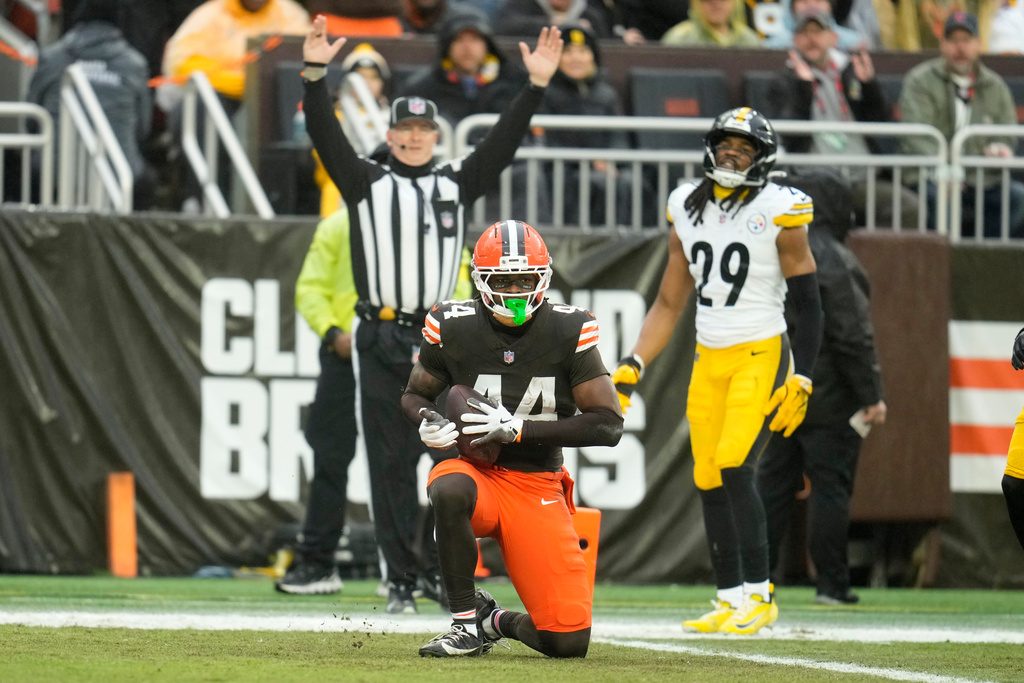 Cleveland Browns tight end Harold Fannin Jr. reacts after catching a touchdown pass in front of Pittsburgh Steelers safety Kyle Dugger (29) during the first half of an NFL football game, Sunday, Dec. 28, 2025, in Cleveland. (AP Photo/Sue Ogrocki)