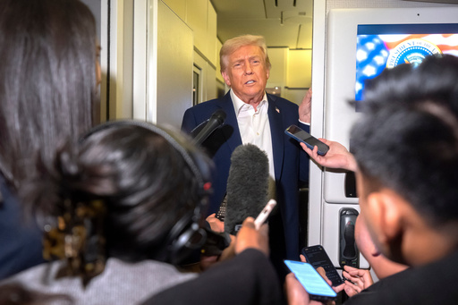 President Donald Trump speaks to reporters aboard Air Force One en route to Asia, Friday, Oct. 24, 2025. (AP Photo/Mark Schiefelbein) President Donald Trump speaks to reporters aboard Air Force One en route to Asia, Friday, Oct. 24, 2025. (AP Photo/Mark Schiefelbein)