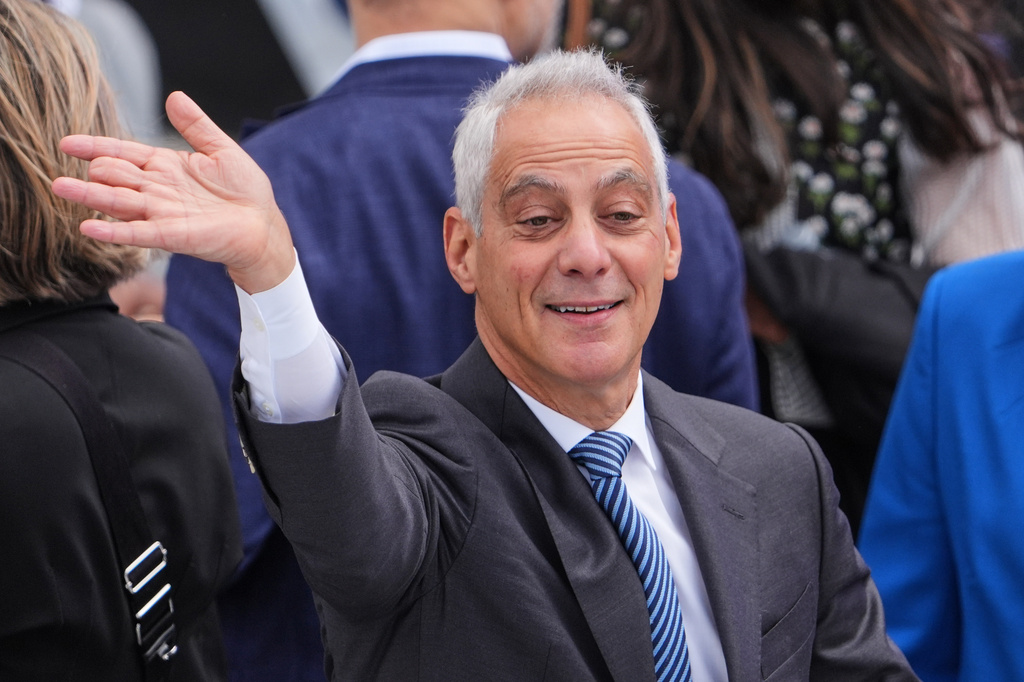 Former White House Chief of Staff Rahm Emanuel mingles ahead of the Obama Presidential Center dedication ceremony Thursday, June 18, 2026, in Chicago. (AP Photo/Jeff Roberson)