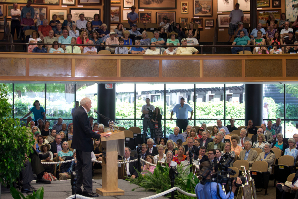 FILE - Trainer and inductee King Leatherbury speaks during a ceremony for the National Museum of Racing and Hall of Fame on Aug. 7, 2015, in Saratoga Springs, N.Y. (AP Photo/Mike Groll, File)