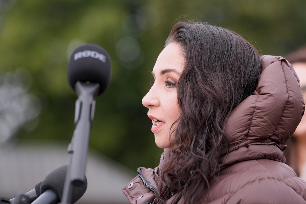Rep. Delia Ramirez, D-Ill, speaks during a news conference to introduce The Full Body Restraint Prohibition Act on Capitol Hil, Wednesday, Feb. 25, 2026, in Washington. (AP Photo/Mariam Zuhaib)