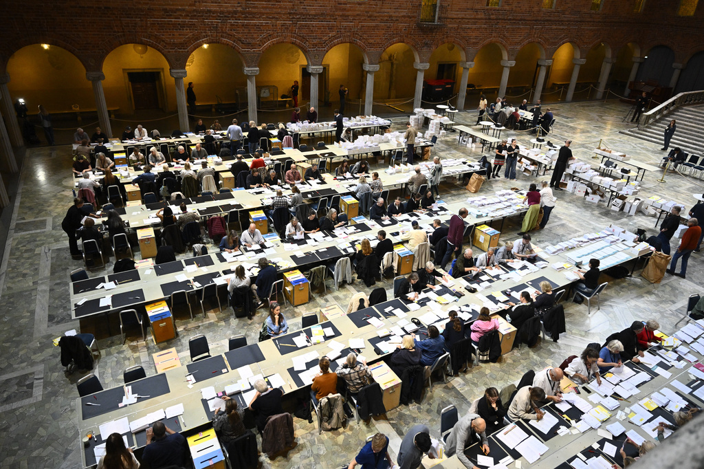 Election workers count early votes and overseas votes in Stockholm City Hall, in Stockholm, Sweden, Wednesday, Sept. 16, 2026. (Christine Olsson/TT News Agency via AP)