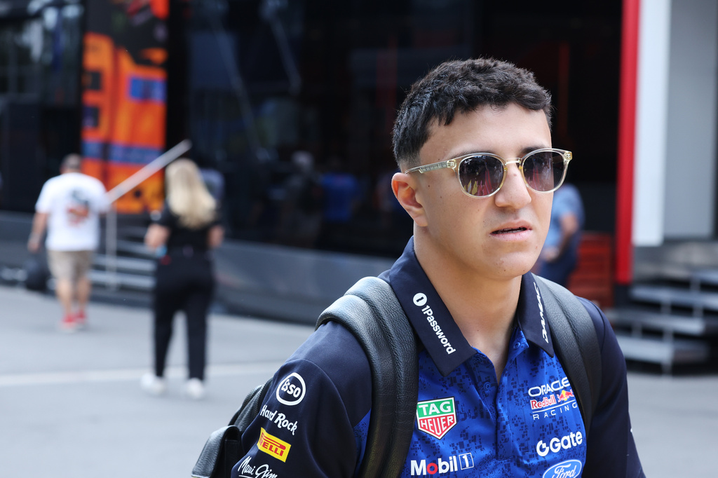 FILE - Red Bull driver Isack Hadjar of France walks in the drivers area ahead of the Formula One Grand Prix at the Spa-Francorchamps racetrack in Spa, Belgium, on July 16, 2026. (AP Photo/Omar Havana, File)
