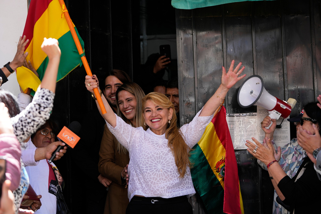 Bolivia's former President Jeanine Anez walks free from the Miraflores jail after the Supreme Court annulled her 10-year prison sentence in La Paz, Bolivia, Nov. 6, 2025. (AP Photo/Juan Karita)
