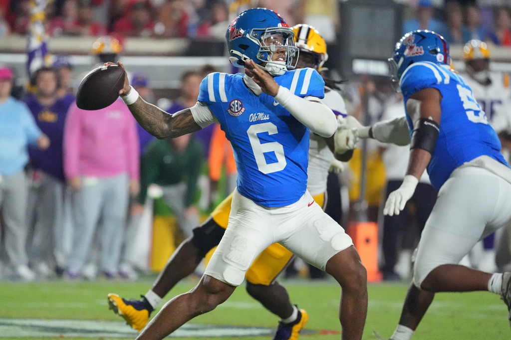 Mississippi quarterback Trinidad Chambliss (6) passes against LSU during the second half of an NCAA college football game in Oxford, Miss., Saturday, Sept. 19, 2026. (AP Photo/Rogelio V. Solis)