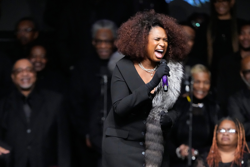 Jennifer Hudson sings during the Public Homegoing Service for the Rev. Jesse Jackson at the House of Hope in Chicago, Friday, March 6, 2026. (AP Photo/Nam Y. Huh)