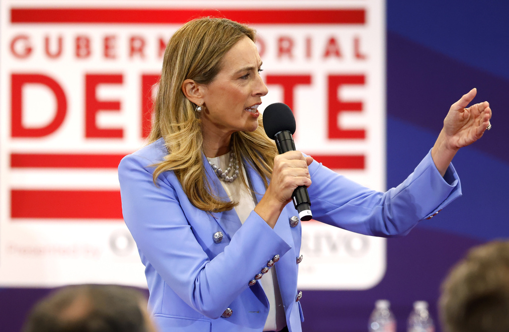 Democrat Mikie Sherrill responds to questions during the first general election gubernatorial debate with Republican opponent Jack Ciattarelli. Sunday, Sept. 21, 2025, in Lawrenceville, N.J. (AP Photo/Noah K. Murray)