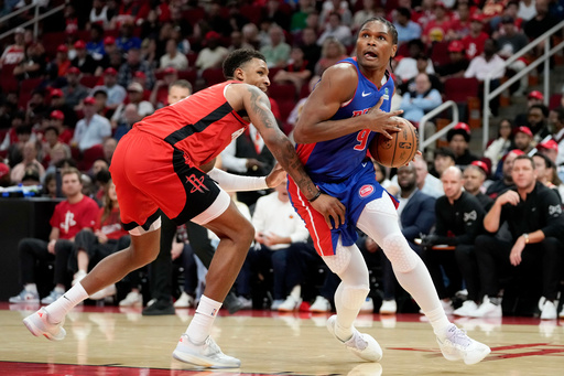 Detroit Pistons guard Ausar Thompson (9) drives to the basket past Houston Rockets forward Jabari Smith Jr. during the first half of an NBA basketball game Friday, Oct. 24, 2025, in Houston. (AP Photo/Eric Christian Smith) Detroit Pistons guard Ausar Thompson (9) drives to the basket past Houston Rockets forward Jabari Smith Jr. during the first half of an NBA basketball game Friday, Oct. 24, 2025, in Houston. (AP Photo/Eric Christian Smith)