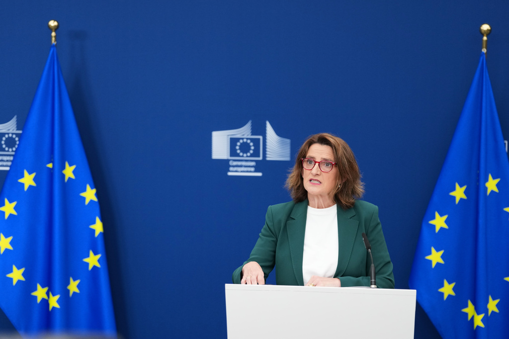 European Commissioner for a Clean, Just and Competitive Transition Teresa Ribera, speaks during a media conference regarding a competition case at EU headquarters in Brussels, Tuesday, June 9, 2026. (AP Photo/Virginia Mayo)