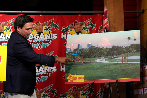Florida Gov. Ron DeSantis displays an artist rendition of a fitness trail in honor of wrestling legend Hulk Hogan Friday, Oct. 3, 2025, in Clearwater, Fla. (AP Photo/Chris O'Meara) Florida Gov. Ron DeSantis displays an artist rendition of a fitness trail in honor of wrestling legend Hulk Hogan Friday, Oct. 3, 2025, in Clearwater, Fla. (AP Photo/Chris O'Meara)