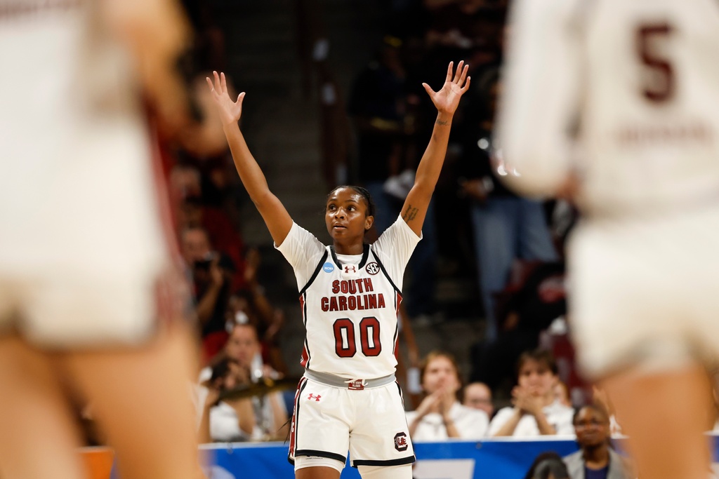 South Carolina guard Ta'niya Latson reacts after a South Carolina basket against Southern during the first half of the first round of the NCAA college basketball tournament, Saturday, March 21, 2026, in Columbia, S.C. (AP Photo/Nell Redmond)