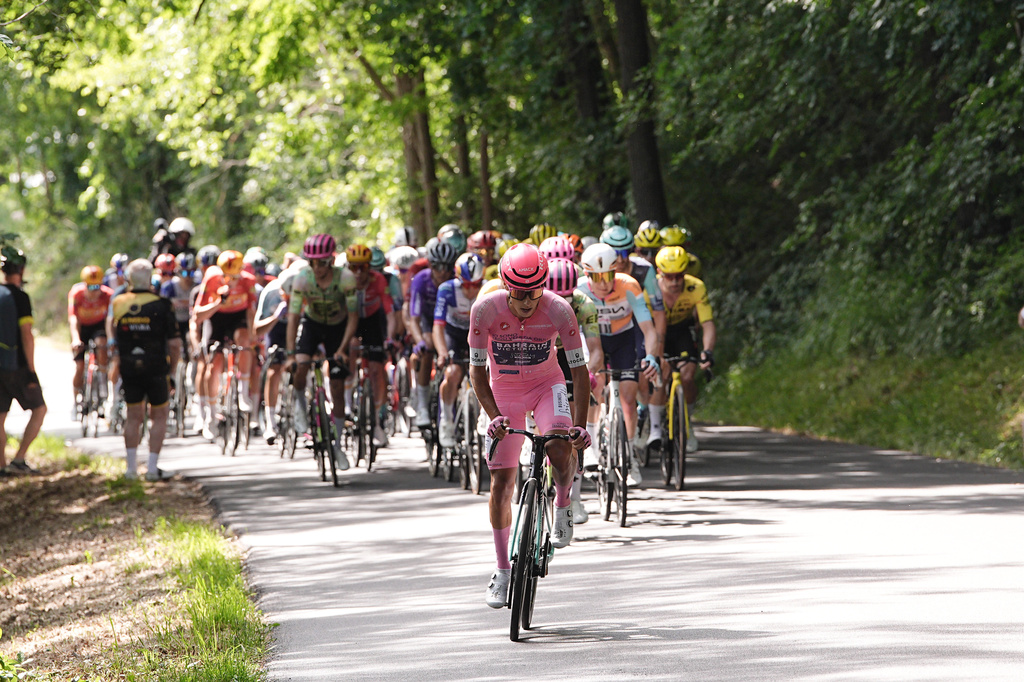 Portugal's Afonso Oliveira Eulalio of Bahrain Victorious, front, during the 12th stage of the Giro d'Italia cycling race, from Imperia to Novi Ligure, Italy, Thursday, May 21, 2026. (Marco Alpozzi/LaPresse via AP)
