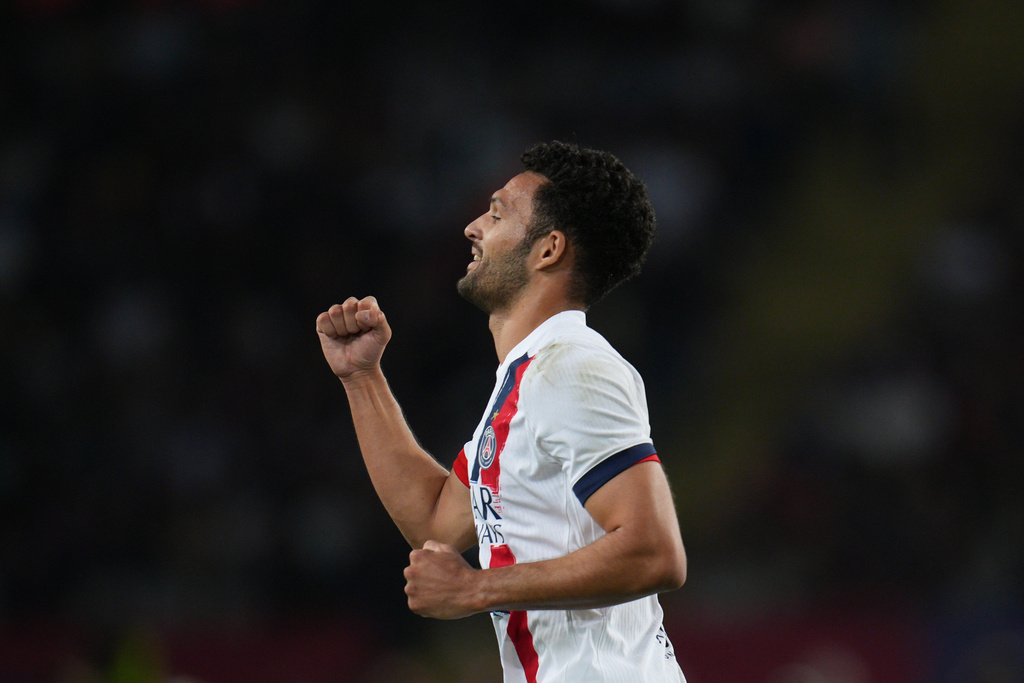 PSG's Goncalo Ramos celebrates after scoring his side's second goal during the Champions League opening phase soccer match between Barcelona and Paris Saint-Germain at the Lluis Companys Olympic Stadium in Barcelona, Spain, Wednesday, Oct.1, 2025. (AP Photo/Emilio Morenatti)