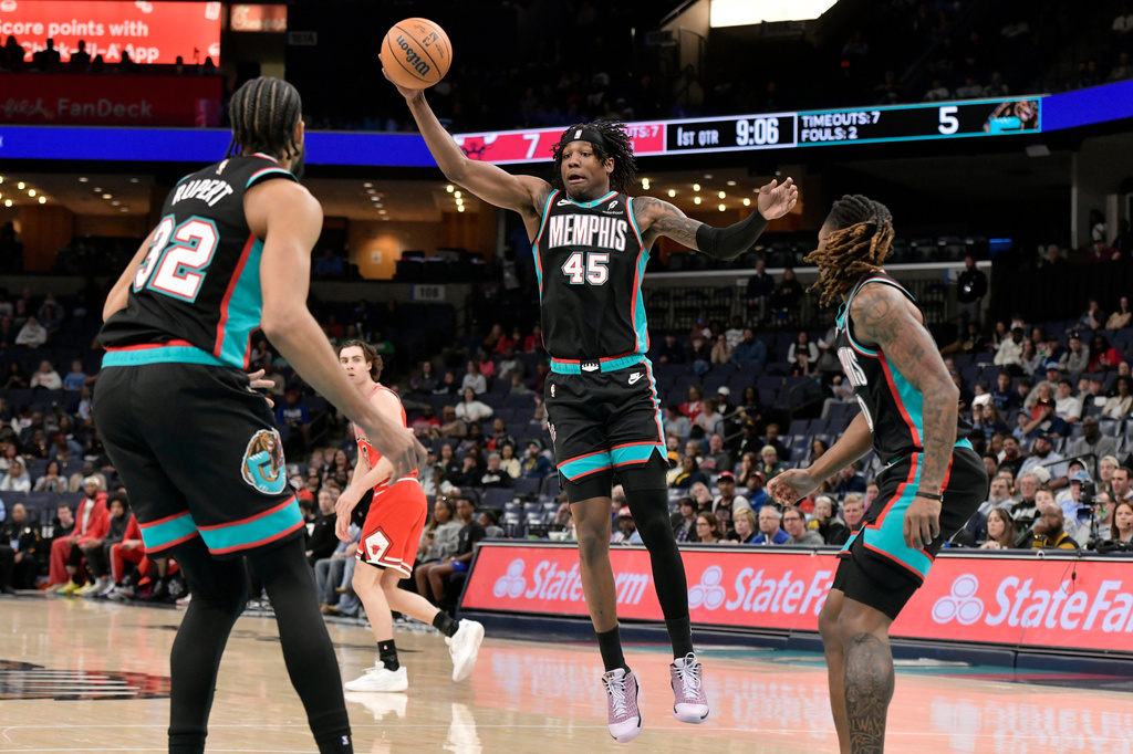 Memphis Grizzlies forward GG Jackson II (45) grabs a rebound in the first half of an NBA basketball game against the Chicago Bulls Saturday, March 28, 2026, in Memphis, Tenn. (AP Photo/Brandon Dill)