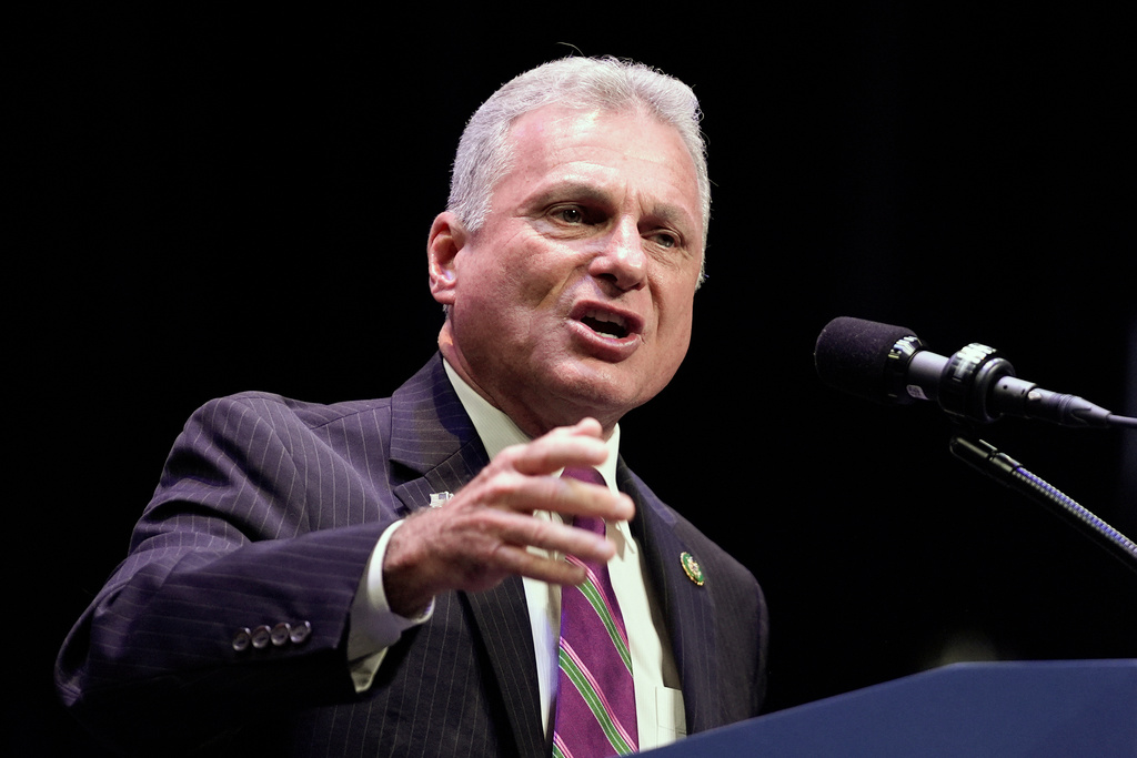 FILE - Rep. Buddy Carter, R-Ga., speaks before Republican presidential candidate former President Donald Trump arrives to deliver remarks on the tax code, and manufacturing at the Johnny Mercer Theatre Civic Center, Sept. 24, 2024, in Savannah, Ga. (AP Photo/Evan Vucci, File)