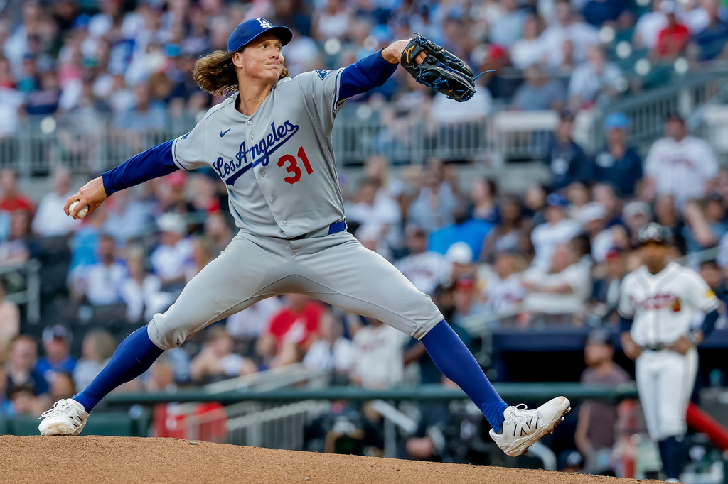 Los Angeles Dodgers pitcher Tyler Glasnow delivers to an Atlanta Braves batter during the first inning of a baseball game, Tuesday, Aug. 25, 2026, in Atlanta. (AP Photo/Erik S. Lesser)