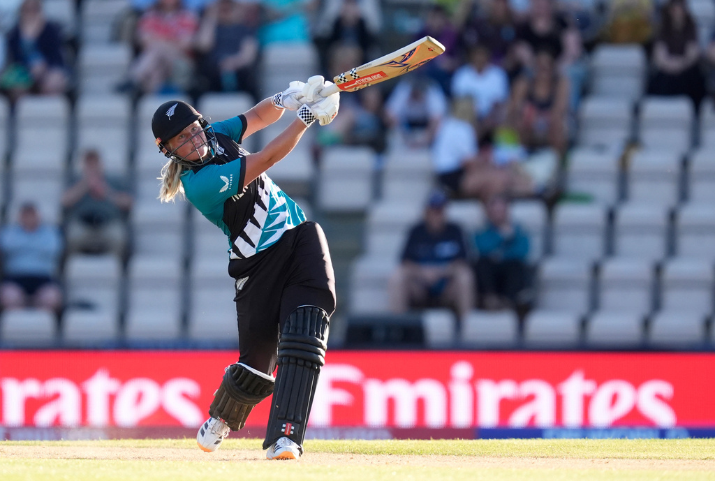 New Zealand's Izzy Sharp bats during the ICC Women's T20 World Cup match between Ireland and New Zealand in Southampton, England, Friday, June 19, 2026. (Andrew Matthews/PA via AP)