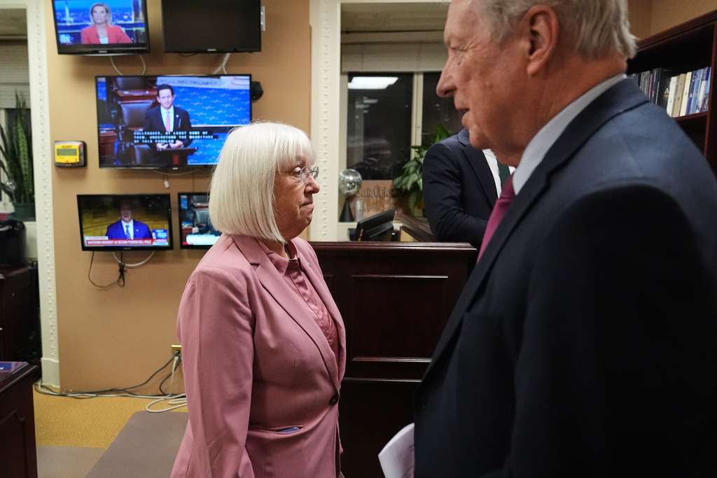 Sen. Dick Durbin, D-Ill., right, and Sen. Patty Murray, D-Wash., prepare for a news conference to speak about the government shutdown, Tuesday, Sept. 30, 2025, on Capitol Hill, in Washington. (AP Photo/Jacquelyn Martin)