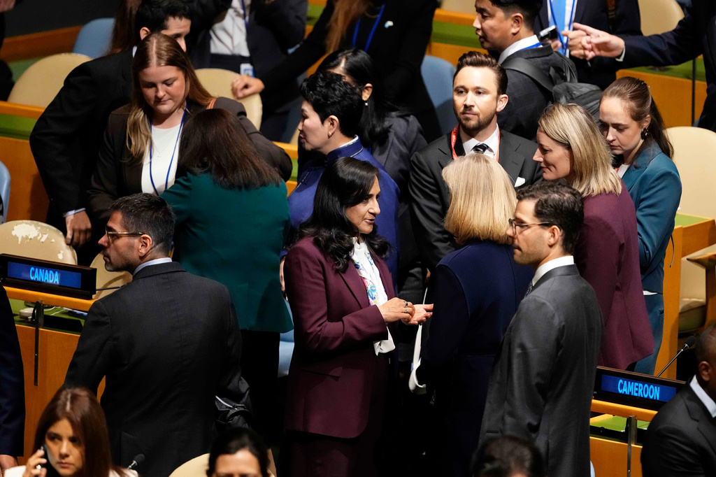 Canada Minister of Foreign Affairs Anita Anand, center, attends the United Nations General Assembly (UNGA) at the UN headquarters on Tuesday, Sept. 22, 2026. (Justin Tang/The Canadian Press via AP)