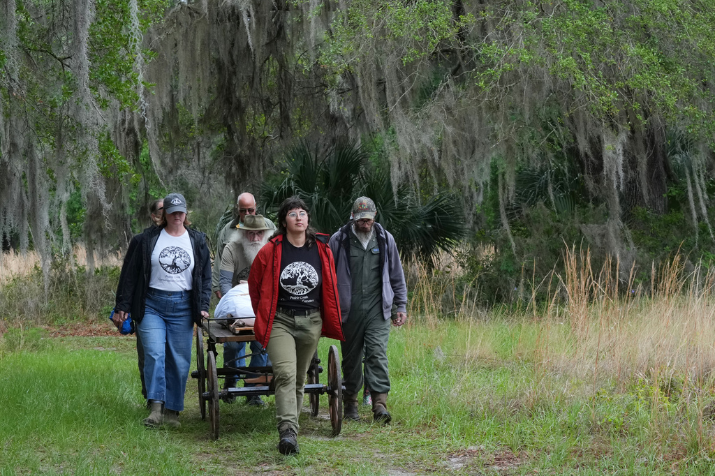 Carly Zeffren, with the Prairie Creek Conservation Cemetery, brings the body of Kenneth Jennings King to his grave site Tuesday, April 7, 2026, in Gainesville, Fla. (AP Photo/Marta Lavandier)