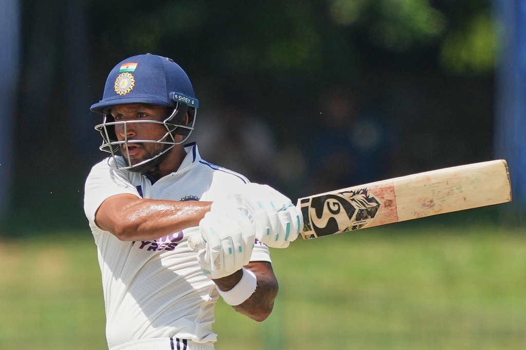 India's Dhruv Jurel plays a shot during day two of the second cricket test match between Sri Lanka and India in Colombo, Sri Lanka, Monday, Aug. 24, 2026. (AP Photo/Eranga Jayawardena)