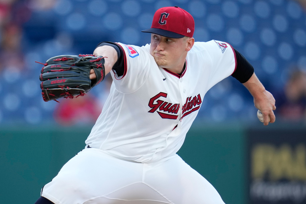 Cleveland Guardians' Parker Messick pitches in the first inning of a baseball game against the Baltimore Orioles in Cleveland, Thursday, April 16, 2026. (AP Photo/Sue Ogrocki)