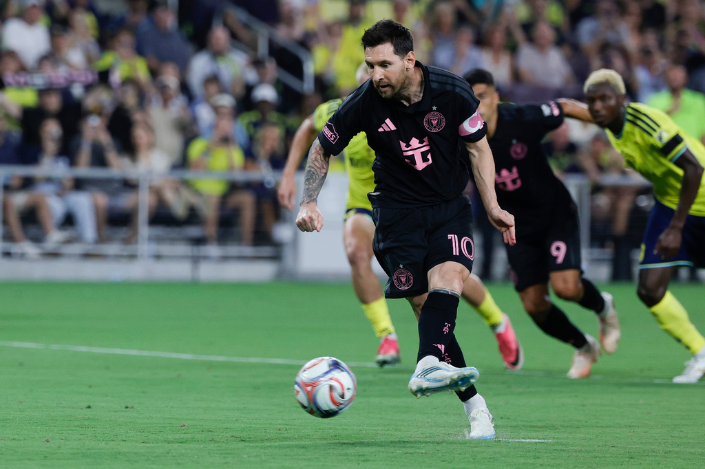 Inter Miami CF offense Lionel Messi (10) kicks a penalty during the first half of an MLS soccer match against the Nashville SC, Saturday, Aug. 15, 2026, in Nashville, Tenn. (AP Photo/Butch Dill)