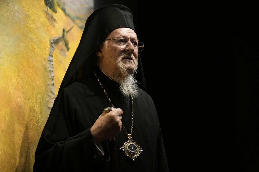 FILE - Ecumenical Patriarch Bartholomew, the spiritual leader of the world's Orthodox Christians, speaks at an event in Athens, Greece on May 8, 2025. (AP Photo/Petros Giannakouris, File)