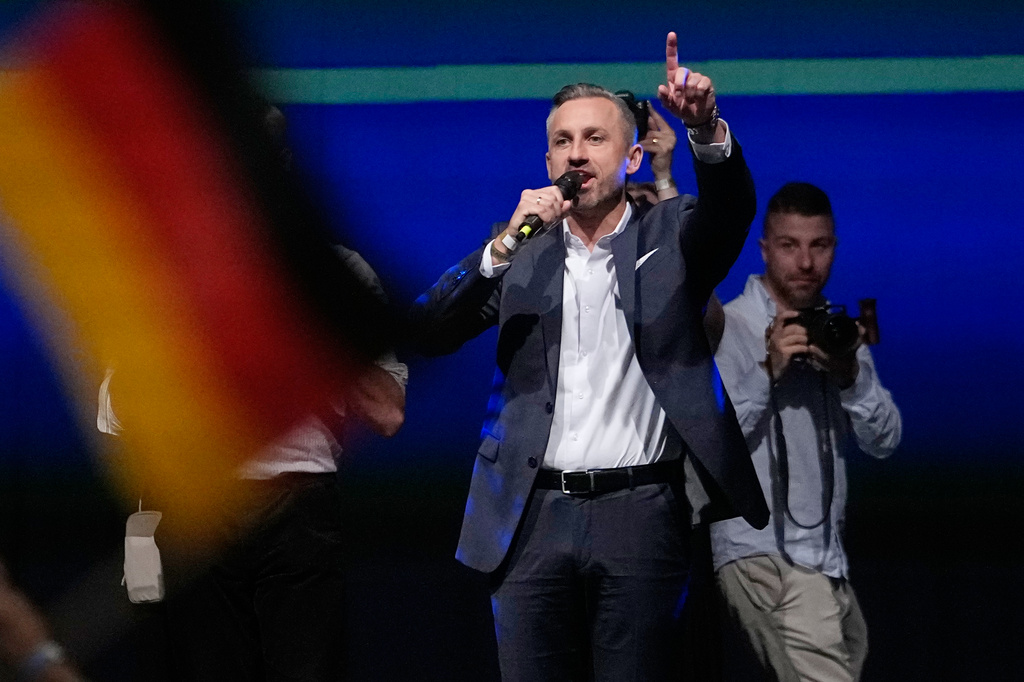 Top candidate Ulrich Siegmund speaks at an election party of the "Alternative for Germany" (AfD) after the Saxony-Anhalt state elections in Magdeburg, eastern Germany, Sunday, Sept. 6, 2026. (AP Photo/Matthias Schrader)