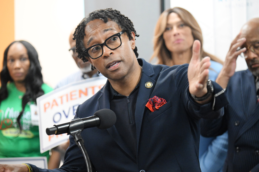 U.S. Rep. Wesley Bell, D-Mo., speaks at a healthcare rally hosted by him and Affinia Healthcare on Friday, July 24, 2026 in Ferguson, Mo. (AP Photo/Michael Thomas)