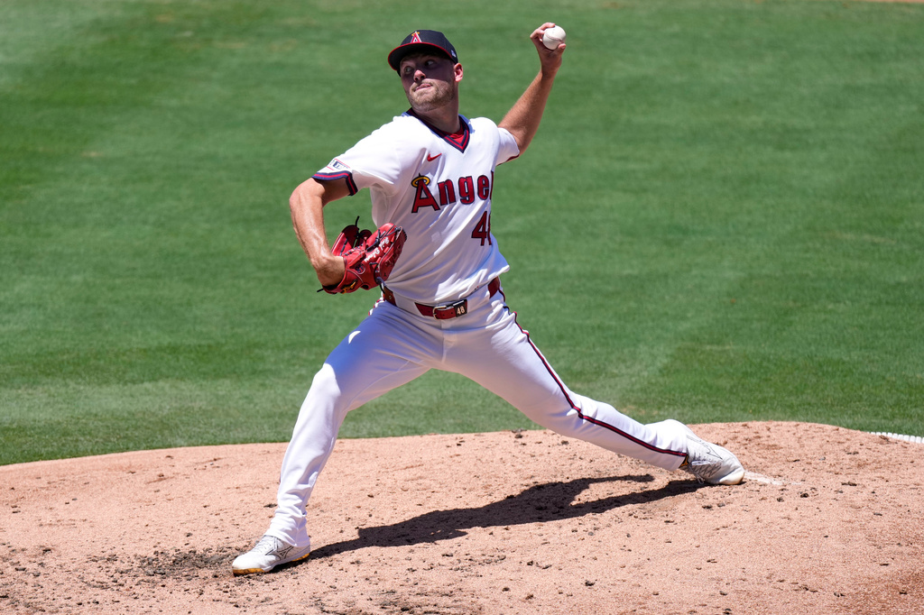 Los Angeles Angels starting pitcher Reid Detmers throws to the plate during the third inning of a baseball game against the St. Louis Cardinals, Wednesday, July 22, 2026, in Anaheim, Calif. (AP Photo/Mark J. Terrill)