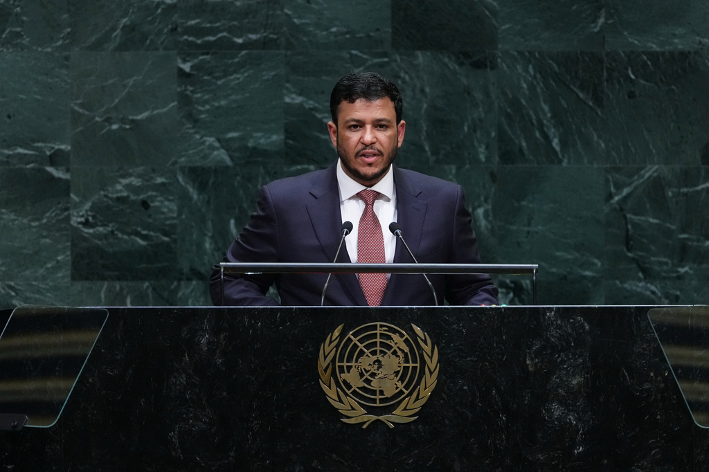 Yemen Vice President Abdullah Abdulkader Al Alimi-Bawzer addresses the 81st session of the United Nations General Assembly at U.N. headquarters Thursday, Sept. 24, 2026. (AP Photo/Frank Franklin II)