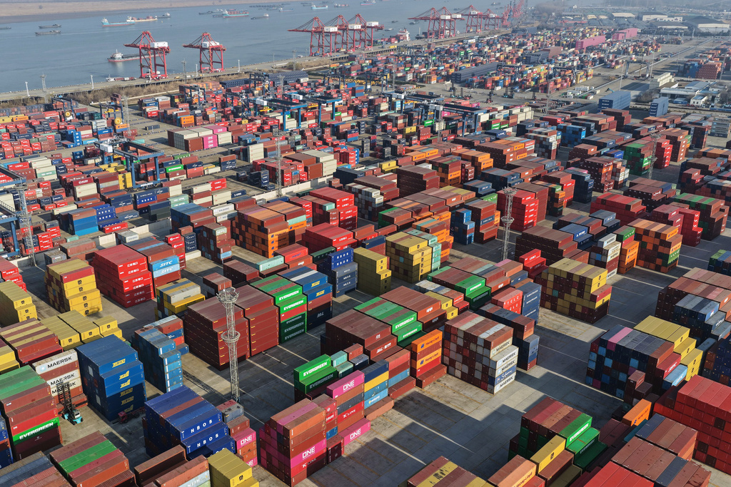 Aerial view of a container terminal in Nanjing in eastern China's Jiangsu province, Wednesday, Jan. 14, 2026. (Chinatopix Via AP)