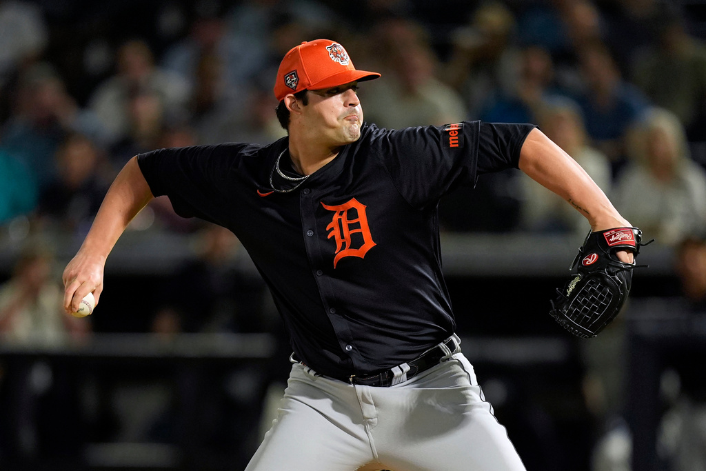 FILE -Detroit Tigers pitcher RJ Petit throws during the first inning of a spring training baseball game against the New York Yankees Thursday, March 7, 2024, in Tampa, Fla. (AP Photo/Charlie Neibergall, File)
