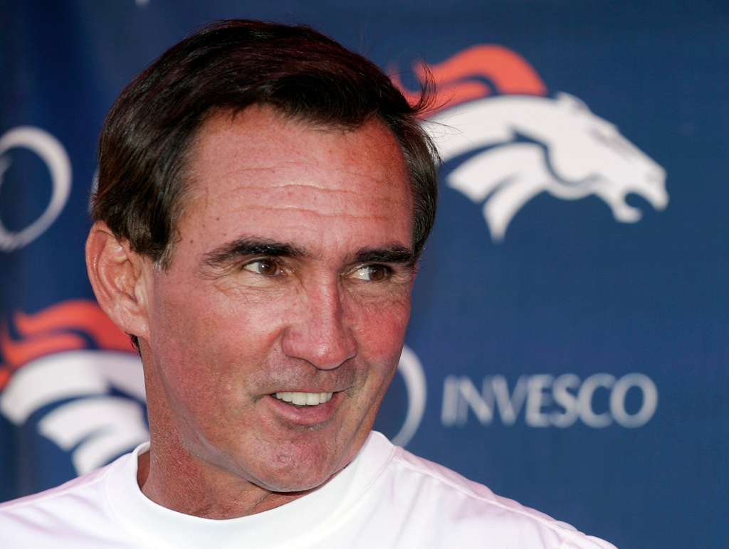 FILE - Denver Broncos head coach Mike Shanahan laughs as he talks to the media following the morning session at NFL football training camp in Denver, Sunday, July 29, 2007. AP Photo/Jack Dempsey, File)