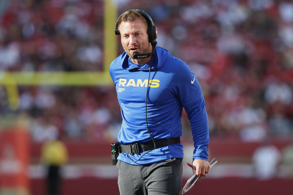 Los Angeles Rams head coach Sean McVay reacts from the sideline during the first half of an NFL football game against the San Francisco 49ers in Santa Clara, Calif., Sunday, Nov. 9, 2025. (AP Photo/Jed Jacobsohn)