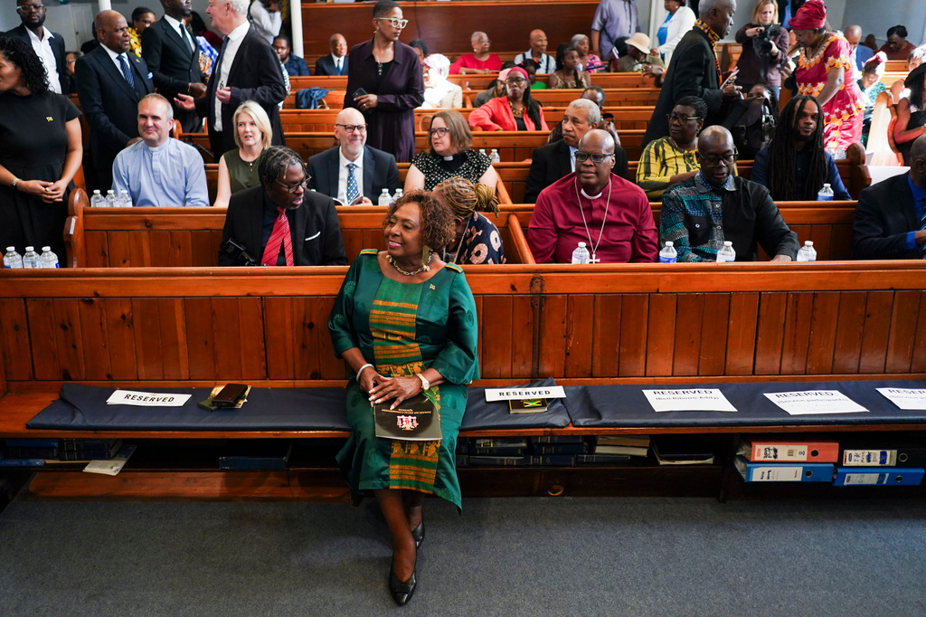 Jamaica's Minister of Culture, Gender, Entertainment and Sport, Olivia Grange, attends a service, in London, Sunday, Sept. 6, 2026, for the "remembrance, justice and repair" before filing a petition to refer three specific questions about trans-Atlantic slavery to the Judicial Committee of the Privy Council. (AP Photo/Alberto Pezzali)