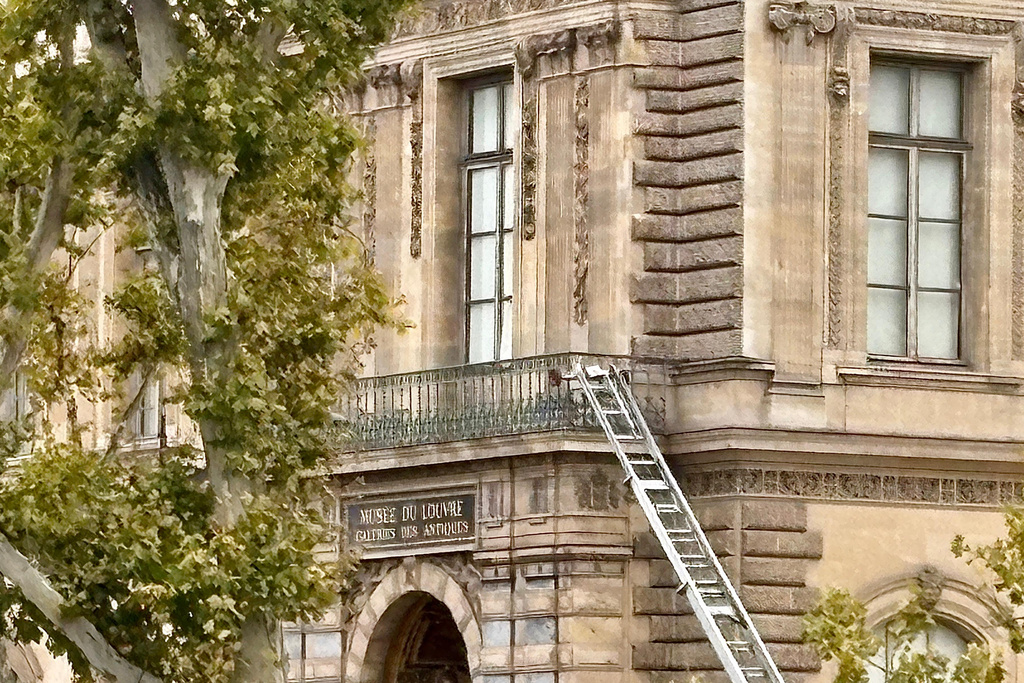 A basket lift used by thieves is seen at the Louvre museum Sunday Oct.19, 2025 in Paris. (AP Photo/Alexander Turnbull)